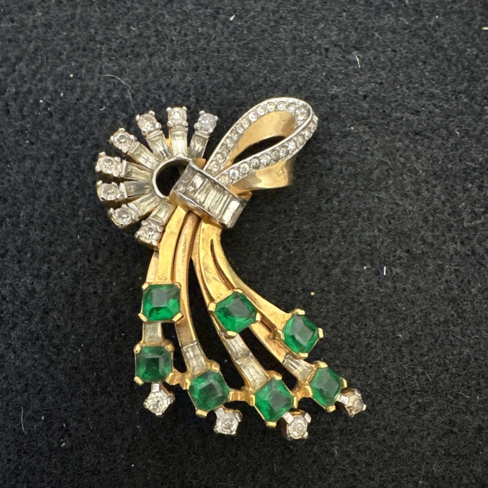 Mazer Signed Large Vintage Brooch Swirl Gold Tone Faux Emeralds Clear Rhinestone